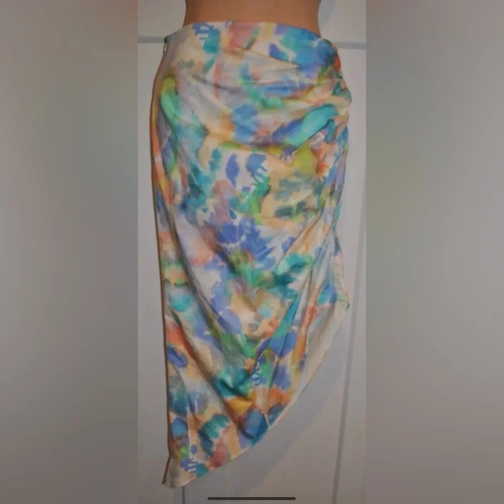 AIIFOS Revolve Samantha Midi Water Color Blues Asymmetrical Ruched Skirt size S